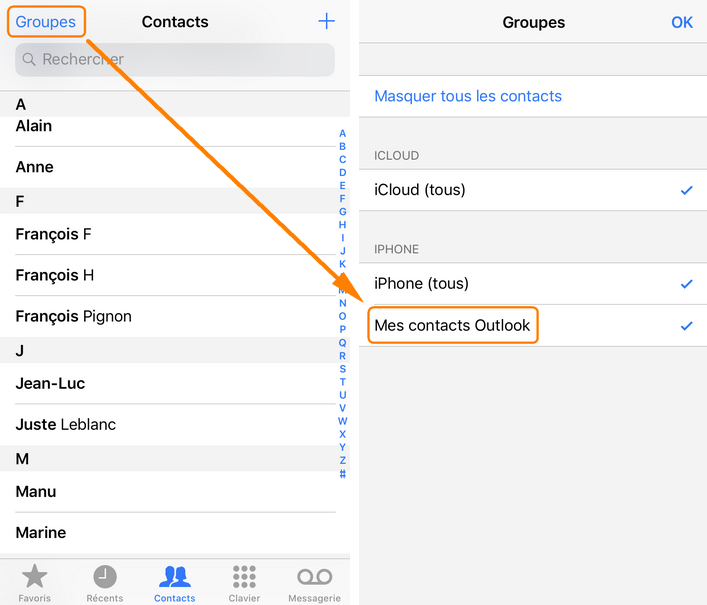 Contacts Outlook dans l'iPhone