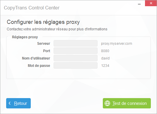 configuration proxy depuis CopyTrans Control Center