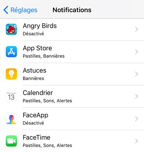 Réglages des notifications des applications iPhone