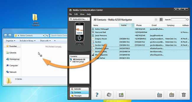 drag drop nokia contacts to pc