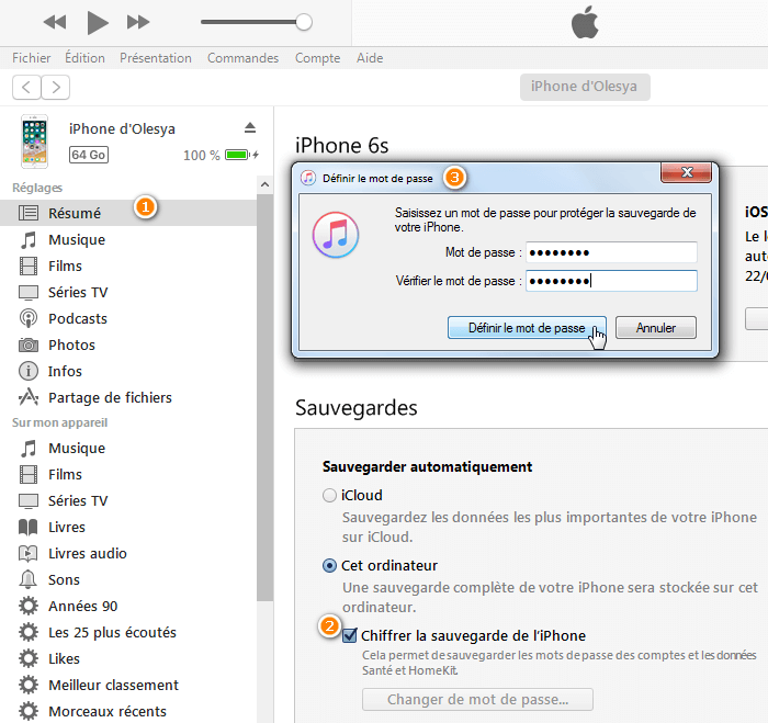 Chiffrer sauvegarde dans iTunes