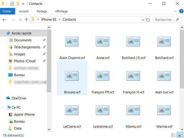 Les fichiers .vcf avec contacts exchange sur le PC
