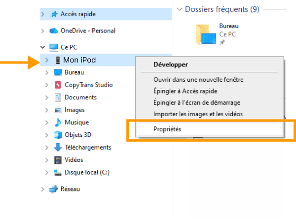Clic droit sur iPod pour ouvrir les propriétés