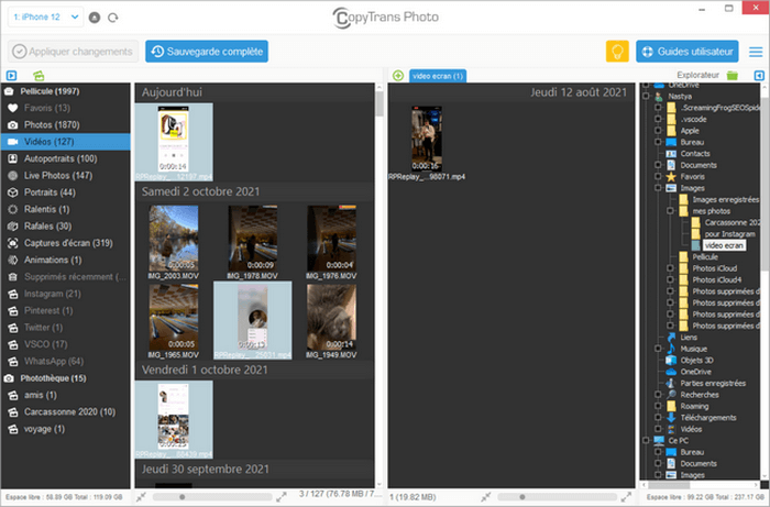 Vous pouvez transferer vos videos enregistrees vers le PC a l aide de CopyTrans Photo