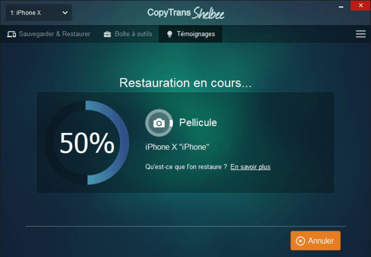 Restauration iPhone en cours