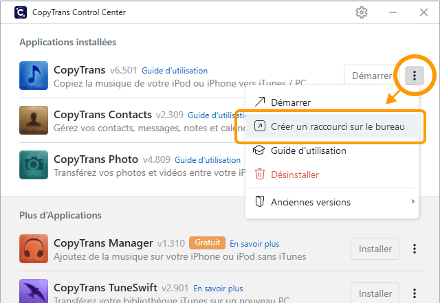Créez un raccourci pour vos applications CopyTrans