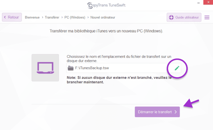 Cliquez sur démarrer le transfert pour transférer iTunes vers un nouveau pc