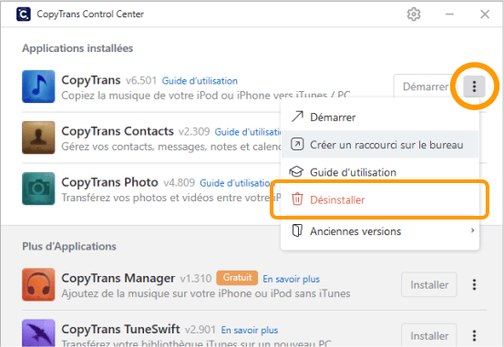 Désinstaller une application depuis le CopyTrans Control Center