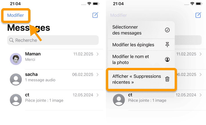 Retrouvez les sms supprimés dans le dossier Suppressions récentes sur iPhone