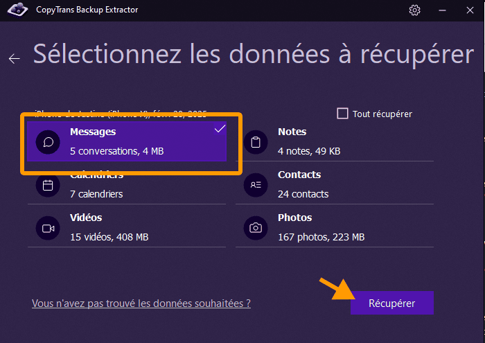 Sélectionnez messages puis récupérer pour retrouver les sms supprimés iPhone