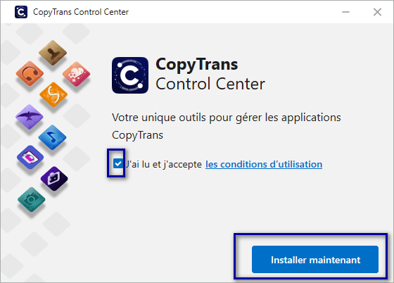 installer CopyTrans Control Center et accepter Contrat de licence