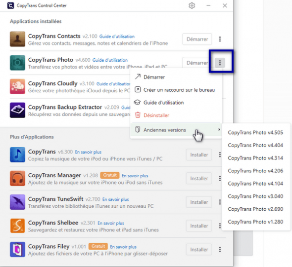Comment installer une ancienne version du logiciel ? CopyTrans