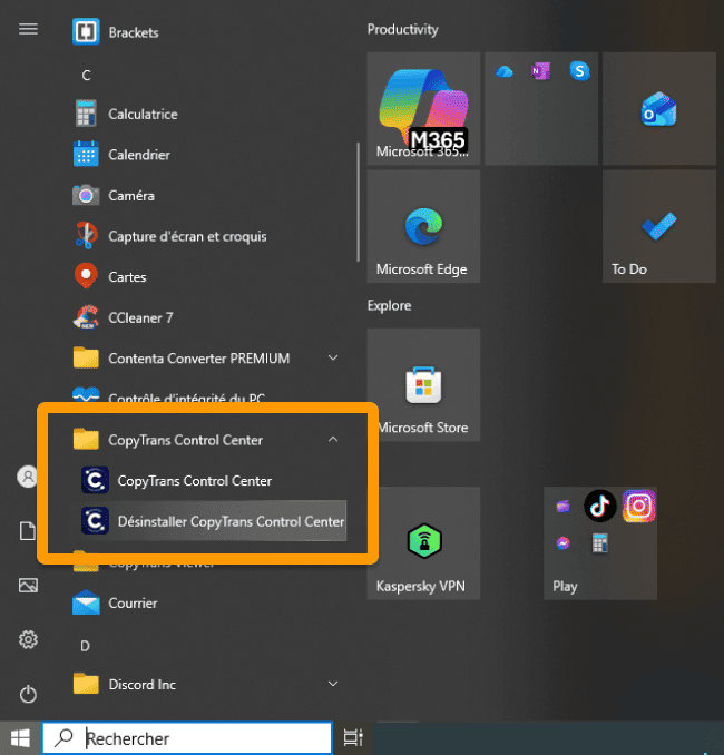 Retrouvez CopyTrans Control Center dans la liste des applications Windows pour désinstaller le programme