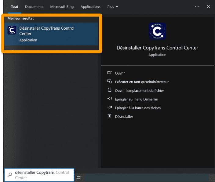 Cherchez désinstaller CopyTrans dans la barre de recherches Windows