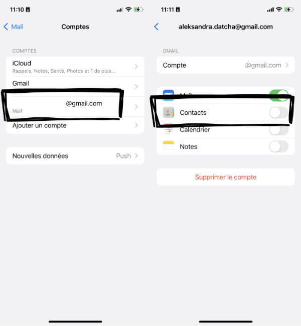 contacts iPhone vers gmail