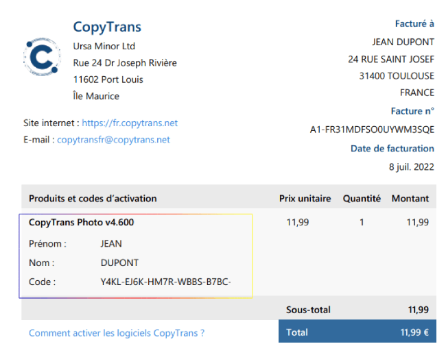 facture et codes activation CopyTrans