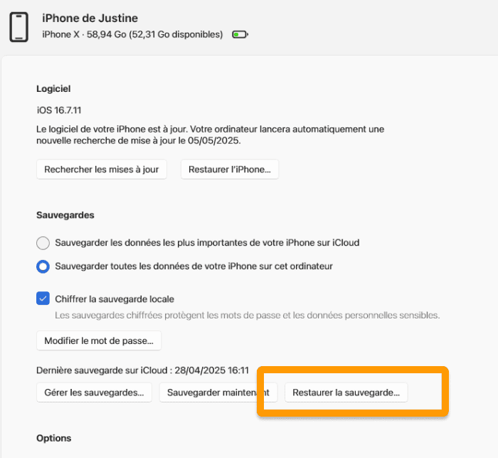 Sélectionnez Restaurer la sauvegarde dans Appareils Apple