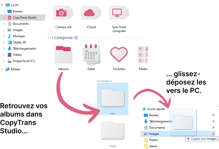 Glissez-déposez pour transférer un album iPhone ou iPad vers le PC