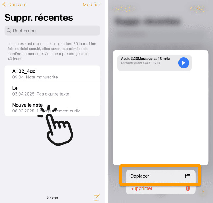 Touchez longueemnt al note supprimée puis déplacer pour la récupérer
