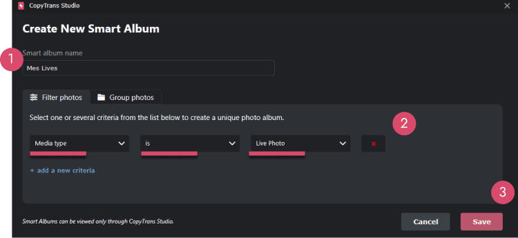 Sélectionnez les critères Media type is Live photo pour configurer votre smart album