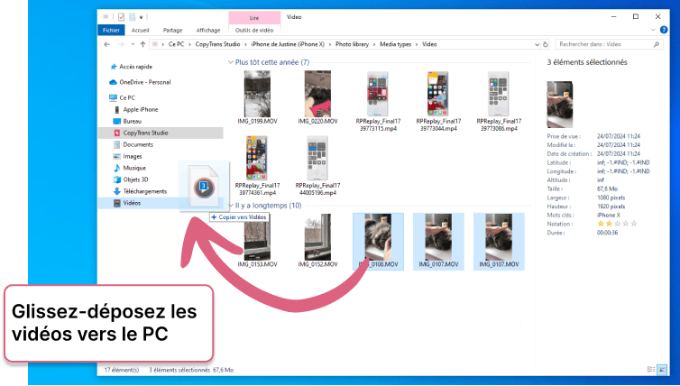 Glissez-déposez les vidéos depuis CopyTrans Studio  vers le PC
