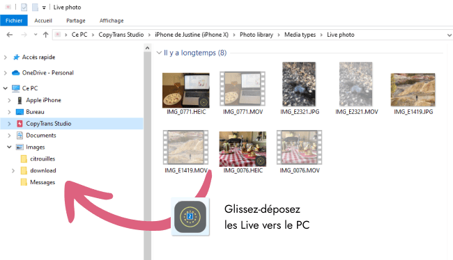Glissez-déposez les Live Photos depuis l'interface CopyTrans Studio vers votre PC