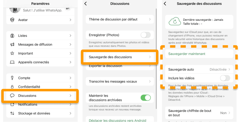 Sauvegarder WhatsApp sur iCloud via l'application