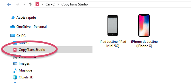 Vos appareils dans l'interface CopyTrans Studio