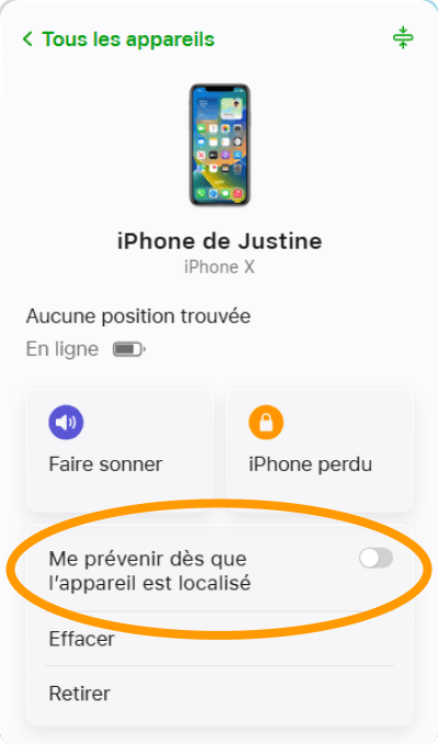 Si votre iPhone est hors ligne cochez cette case pour être prévenu lors de sa reconnexion