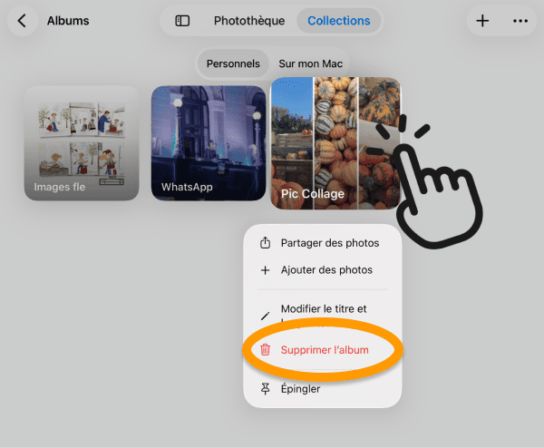 Maintenez un album pour le supprimer sous iOS26