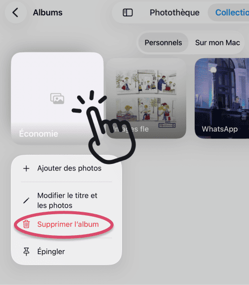 Supprimez un album vide en maintenant appuyé puis en sélectionnant supprimer l'album