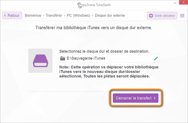 Démarrer le transfert de la bibliothèque iTunes