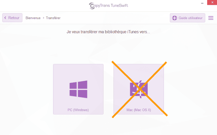 Le transfert vers Mac de la bibliothèque iTunes n'est pas disponible dans CopyTrans TuneSwift
