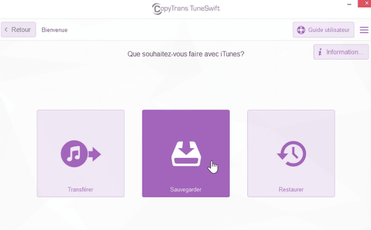 Apercu du menu principal CopyTrans TuneSwift
