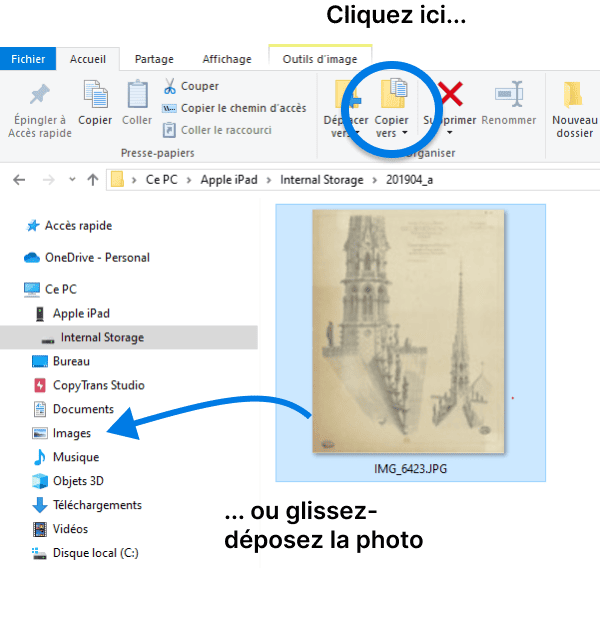 Cliquez sur copier ou glissez-déposez une photo de l'iPad vers le PC