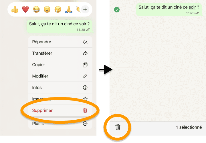Maintenez le message, sélectionnez Supprimer puis corbeille