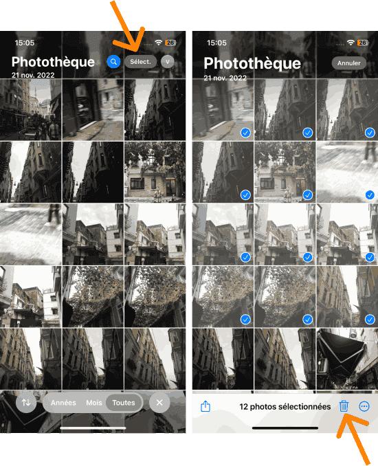 Sélectionnez les photos puis cliquez sur la corbeille en bas à droite pour les effacer de l'iphone