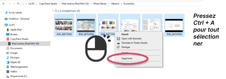 Sélectionner et supprimer toutes les photos d'un album dans CopyTrans Studio