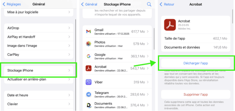 Rendez-vous dans Réglages puis Général et Stockage iPhone pour sélectionner et décharger une application