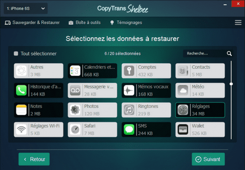 Sélectionner les données à restaurer