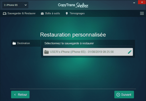 Selectionner la sauvegarde à restaurer