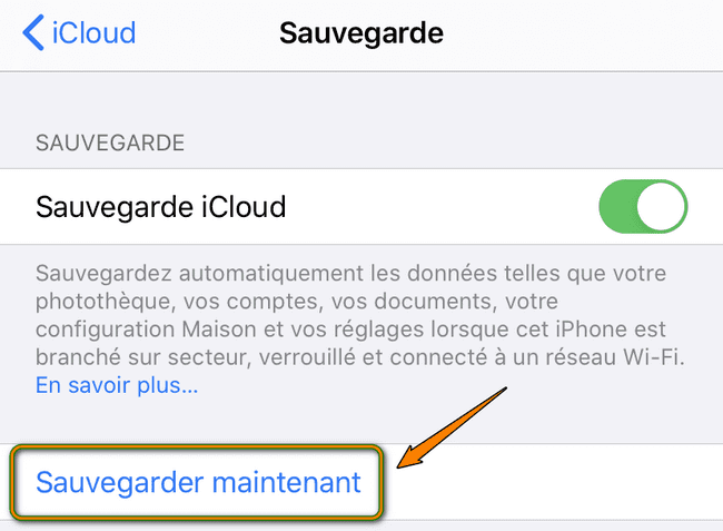iCloud : sauvegarder maintenant (réglages iPhone)