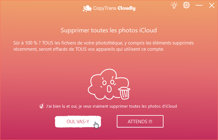 Confirmer la suppression des photos iCloud via CopyTrans Cloudly