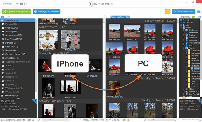 Menu principal de CopyTrans Photo permet de glisser deposer les photos