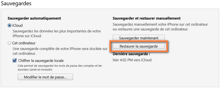 restaurer sauvegarde iphone avec itunes