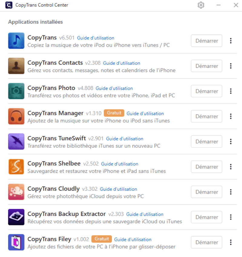 Retrouvez tous les logiciels dans le CopyTrans Control Center