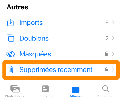 Retrouvez dans votre Galerie l'album Supprimées récemment