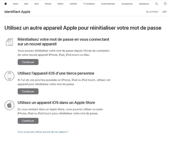 Apple propose 3 options de récupération du mot de passe