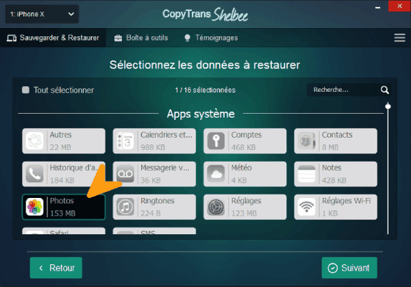 Sélectionnez Photos dans la liste des applications