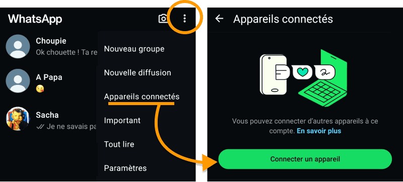 Ouvrez WhatsApp sur votre smartphone et rendez-vous dans Appareils connectés
